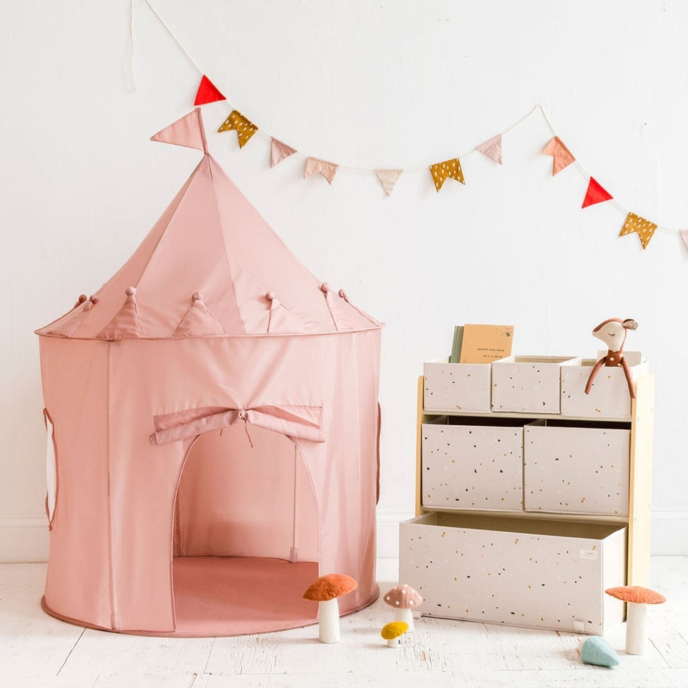 3 Sprouts Recycled Fabric Play Tent Castle in pink with bow doorway and bunting, creating a cozy play space.