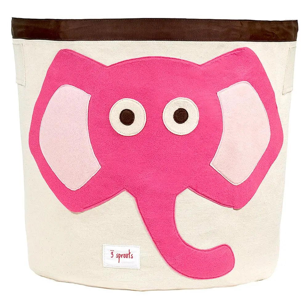 3 Sprouts storage bin standing upright, beige canvas with bright pink elephant applique and brown top trim