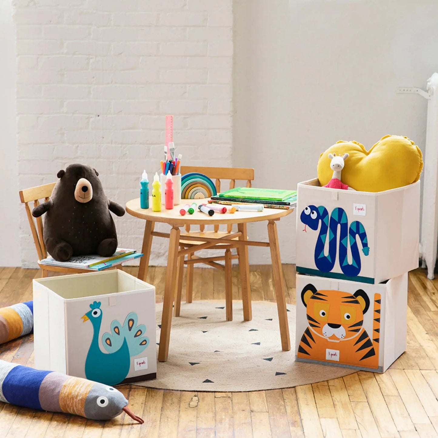 3 Sprouts Storage Box set of 2 white bins with peacock and tiger graphics, ready for nursery toy organization.