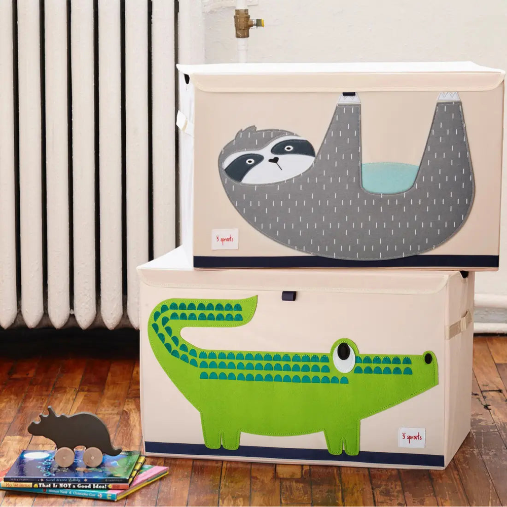 3 Sprouts Toy Chest set of two, white chests with lime crocodile and gray sloth graphics, stacked for kid storage
