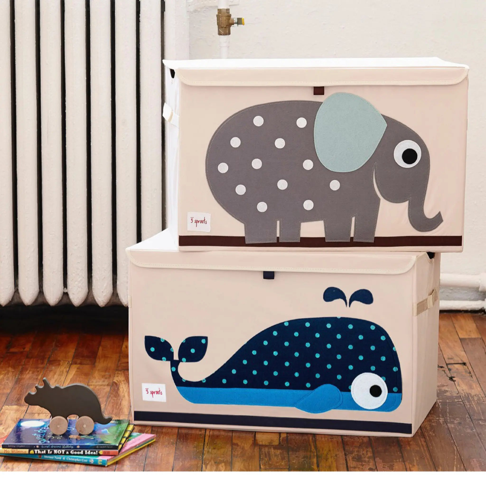 3 Sprouts Toy Chest: beige fabric chests stacked, featuring a gray polka‑elephant and blue polka whale artwork.