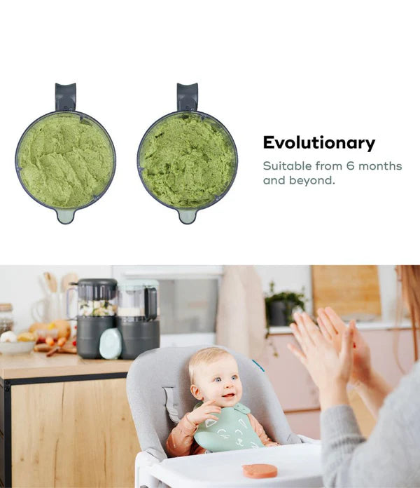 Babymoov Duo Meal Lite baby food maker, two round green containers