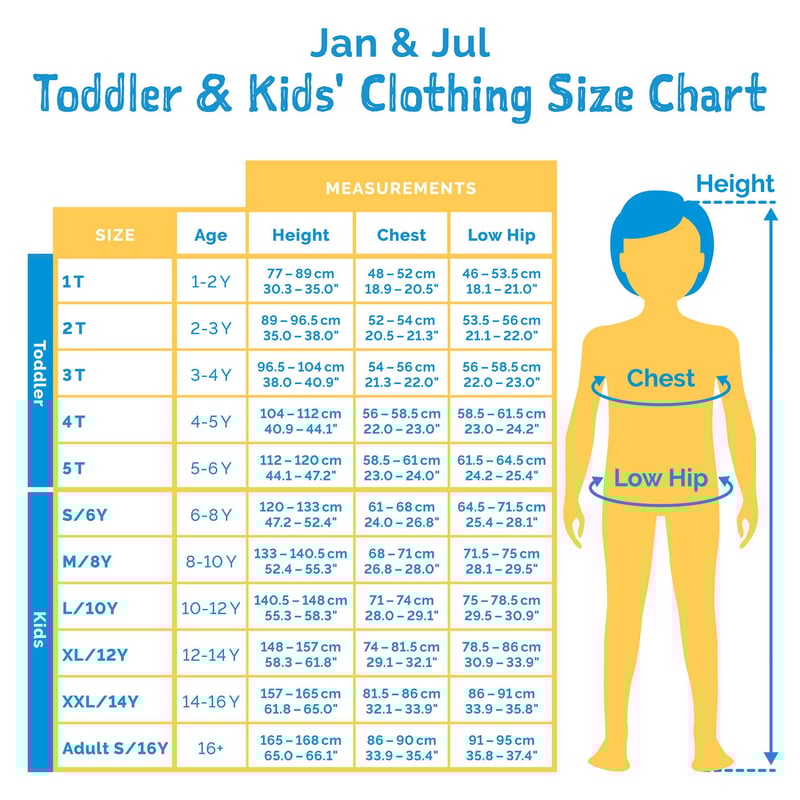 Jan & Jul Waterproof Cozy Dry Rain Jacket Navy Fox size chart showing ages, height, chest, and low-hip measurements.