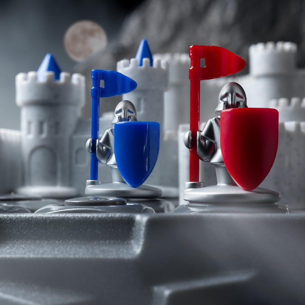 Smart Games Walls & Warriors game pieces, 2 knights with blue and red shields