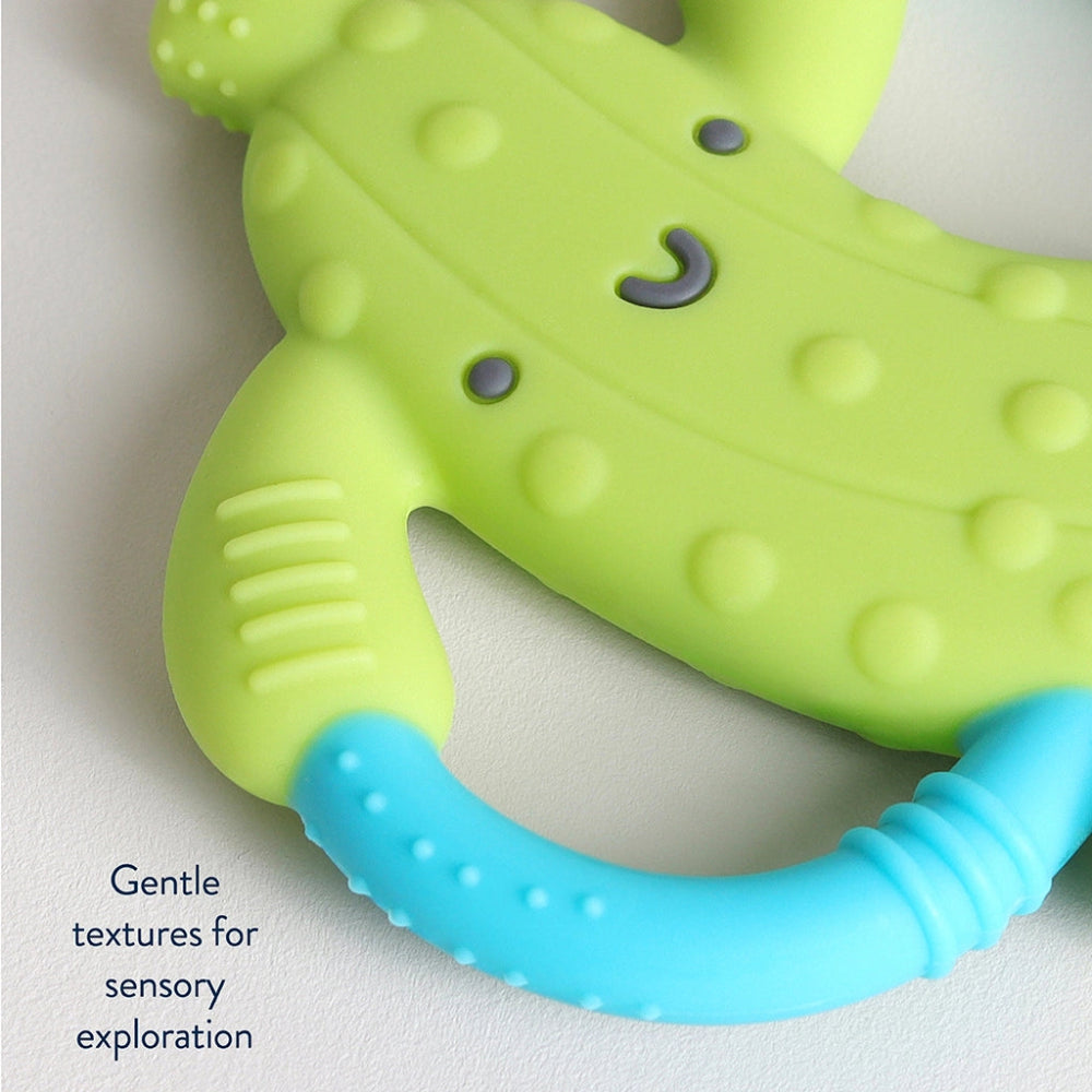 Itzy Ritzy Chew Crew crocodile teether, lime green with blue curved handle