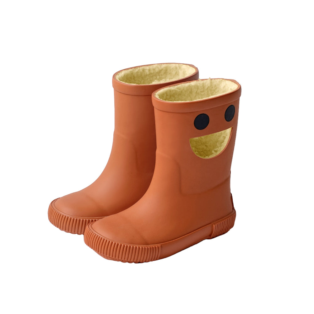 Boxbo Wistiti fleece lined rainboots pair vintage brown with smiley face