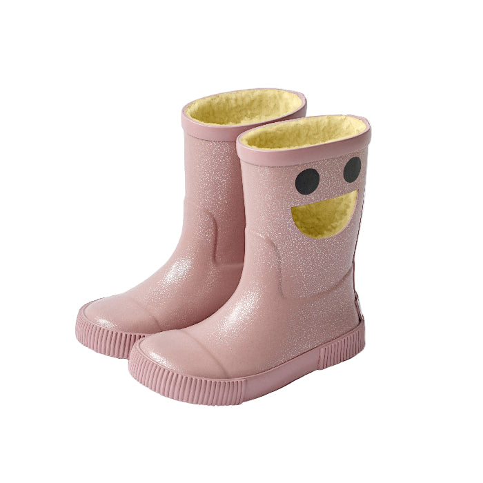 Boxbo Wistiti glitter pink fleece-lined rainboots pair with smiley face
