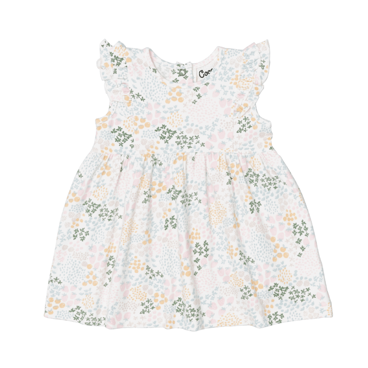Coccoli kid dress fruit patch print on cream, sleeveless with ruffle shoulders