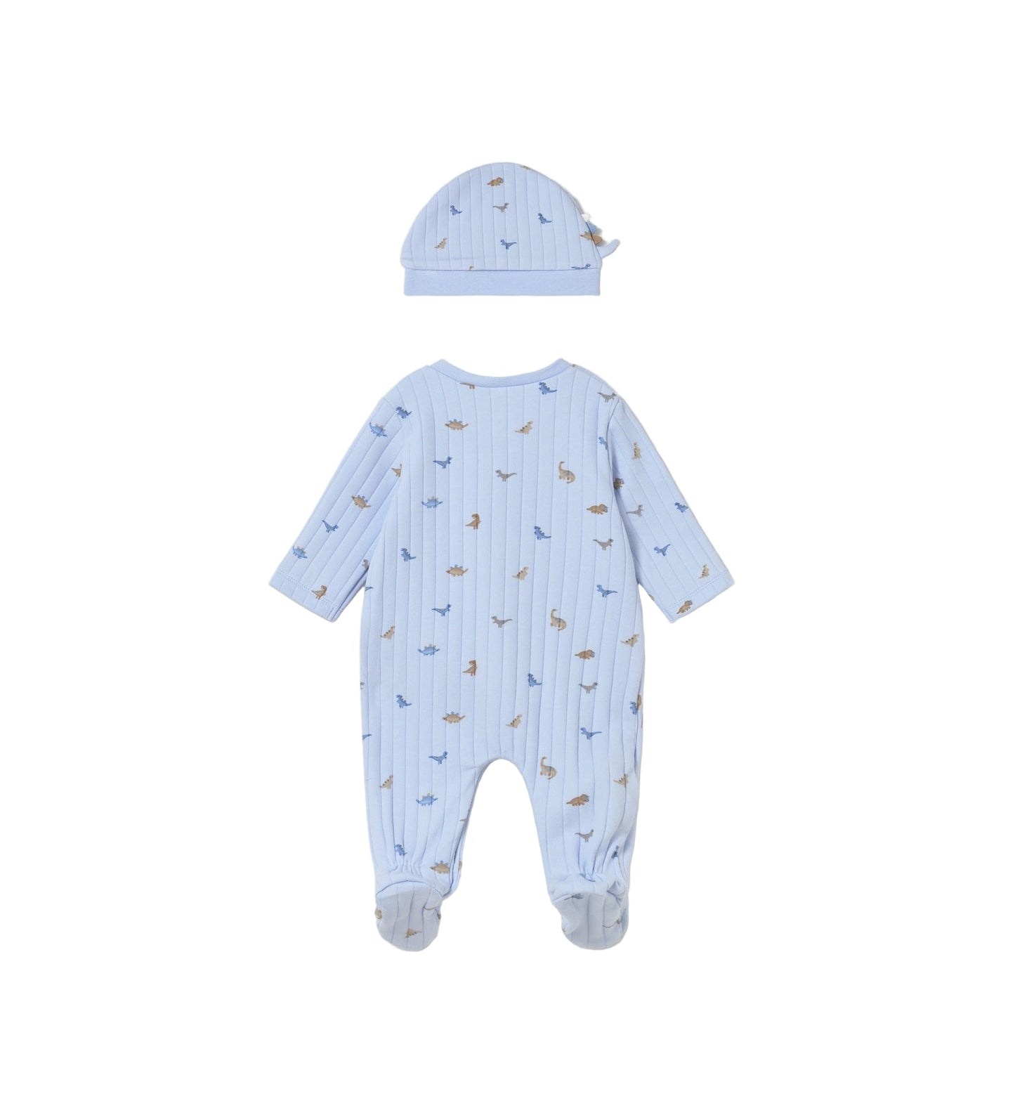 Mayoral dinosaur print romper and hat set, blue pinstripe, 2-piece
