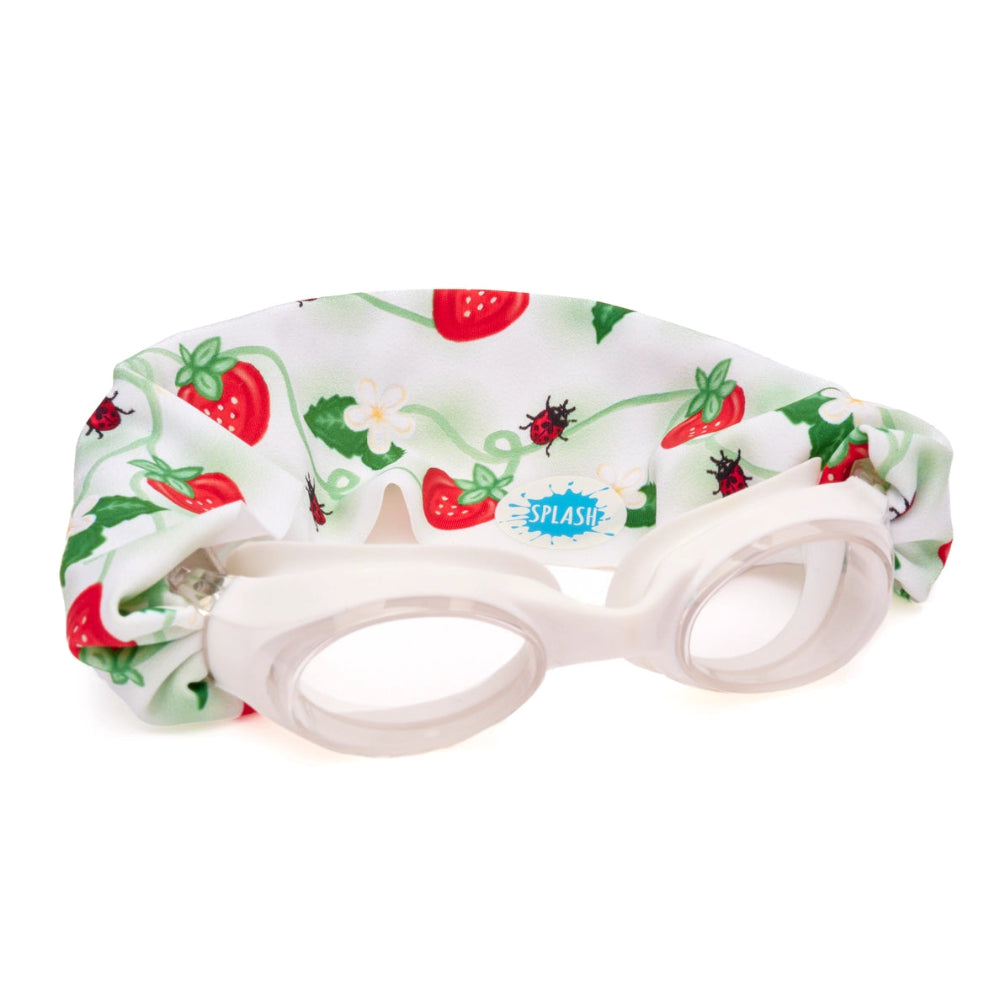 Splash swim goggles with strawberry fields pattern and white frame