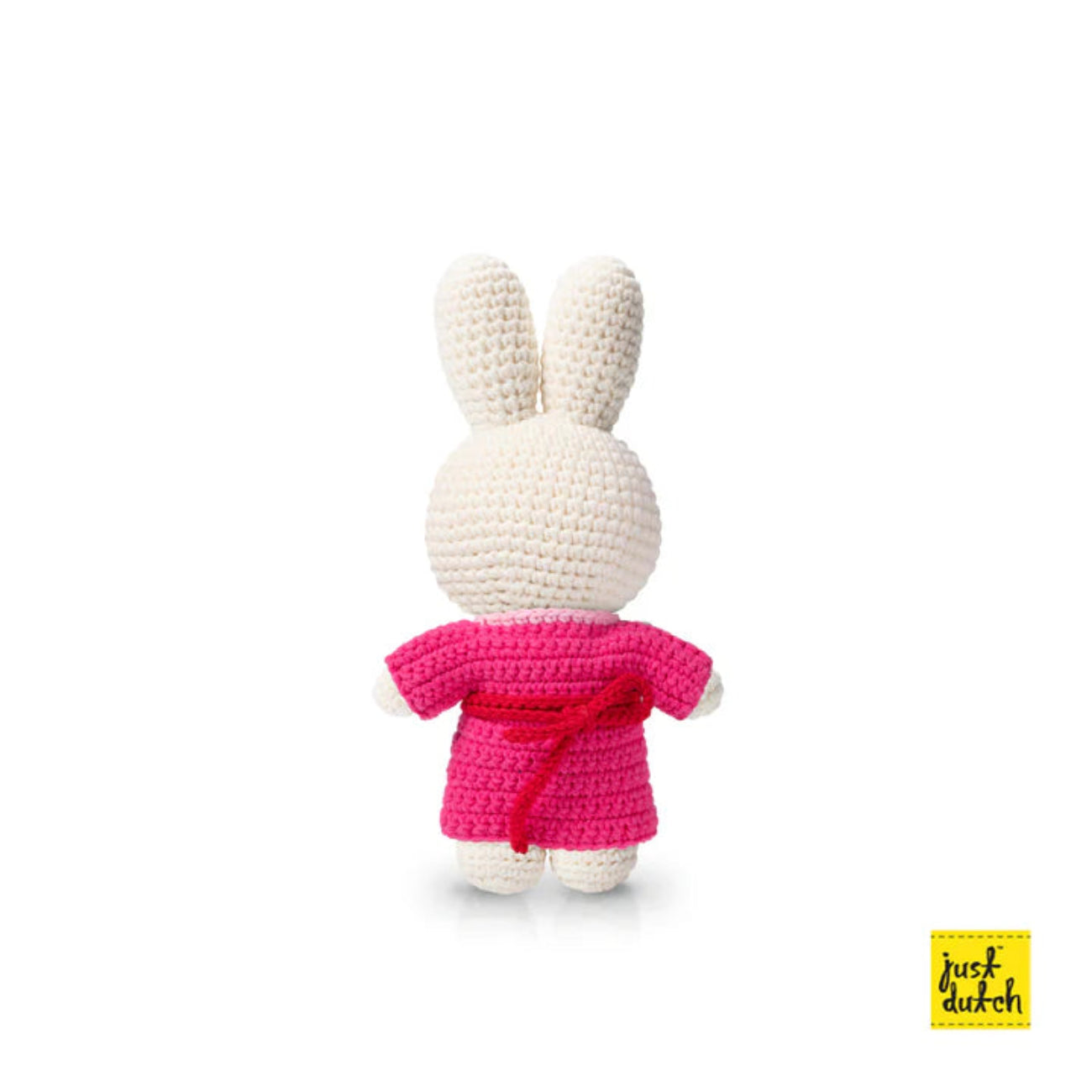 Just Dutch Miffy Kimono amigurumi bunny wearing a bright pink crochet robe with tied belt.