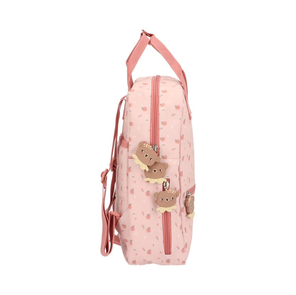 Tutete children's pink cherry-print school backpack with bear charms