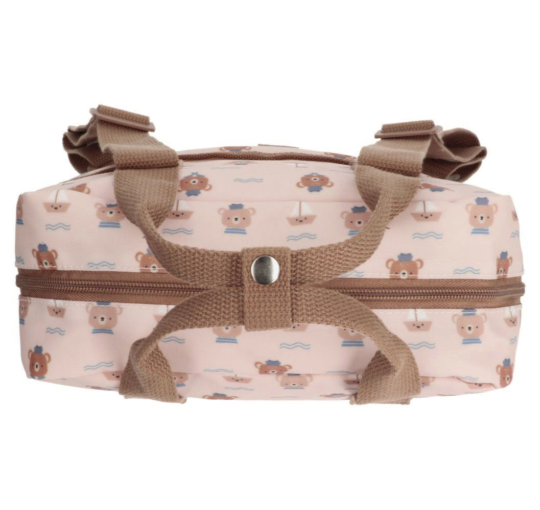 Tutete children's school backpack pink bear-pattern fabric with tan straps