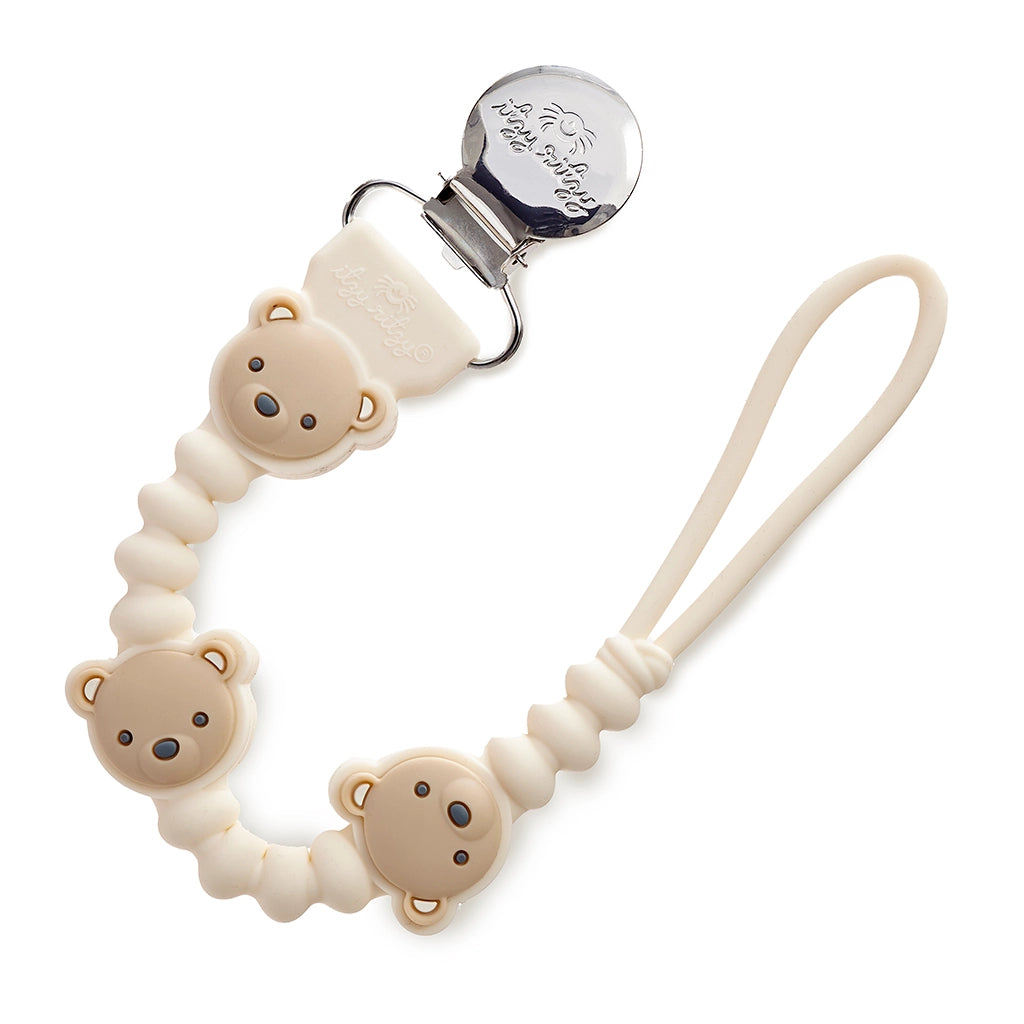 Itzy Ritzy Sweetie Strap Plus pacifier clip with three beige bear beads
