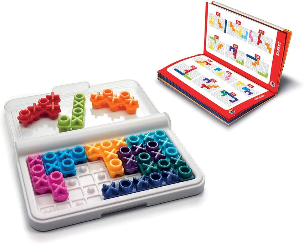 Smart Games IQ XOXO puzzle game with colorful X and O tokens in a white tray and booklet