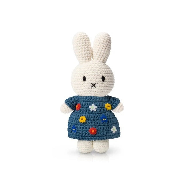 Miffy crochet bunny in blue dress with colorful flowers