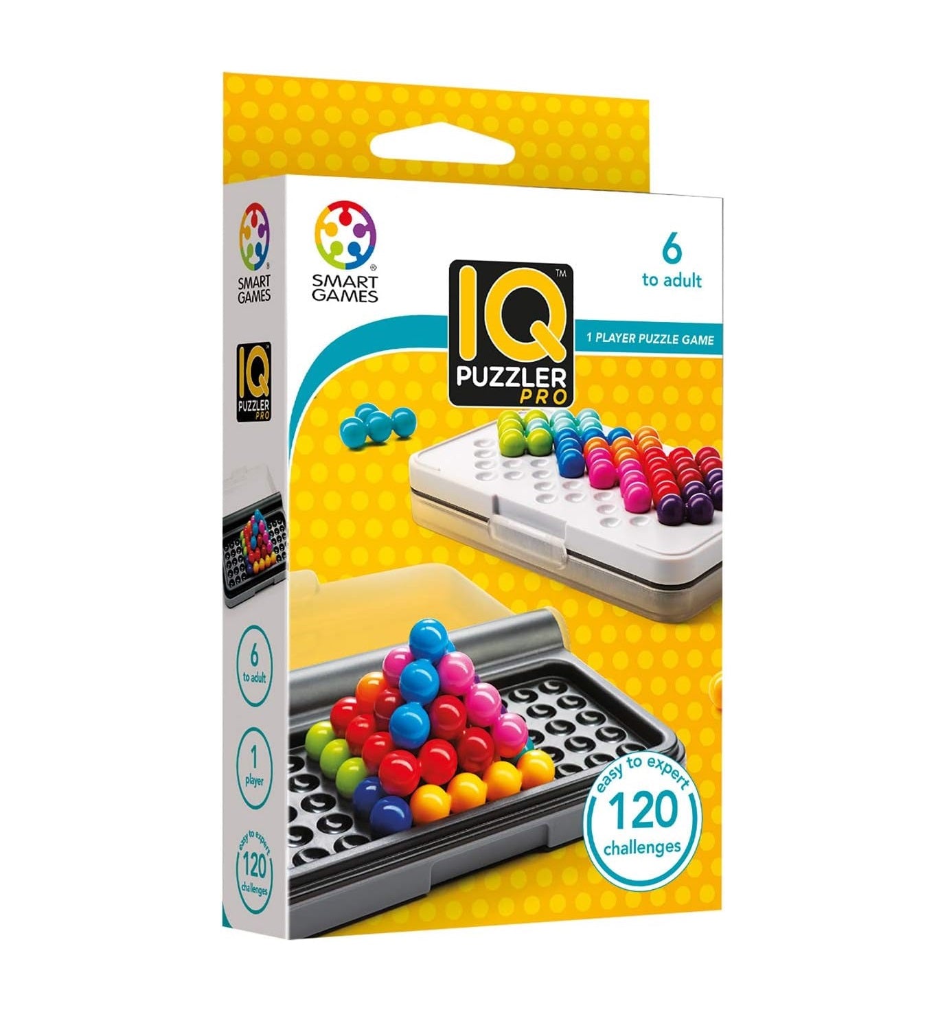 IQ Puzzler Pro puzzle game box with colorful marbles on yellow dotted background