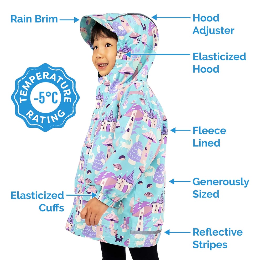 JAN & JUL Waterproof Cozy Dry Rain Jacket Navy Fox worn by smiling child; hood with rain brim, elastic cuffs, fleece lining, reflective stripes.