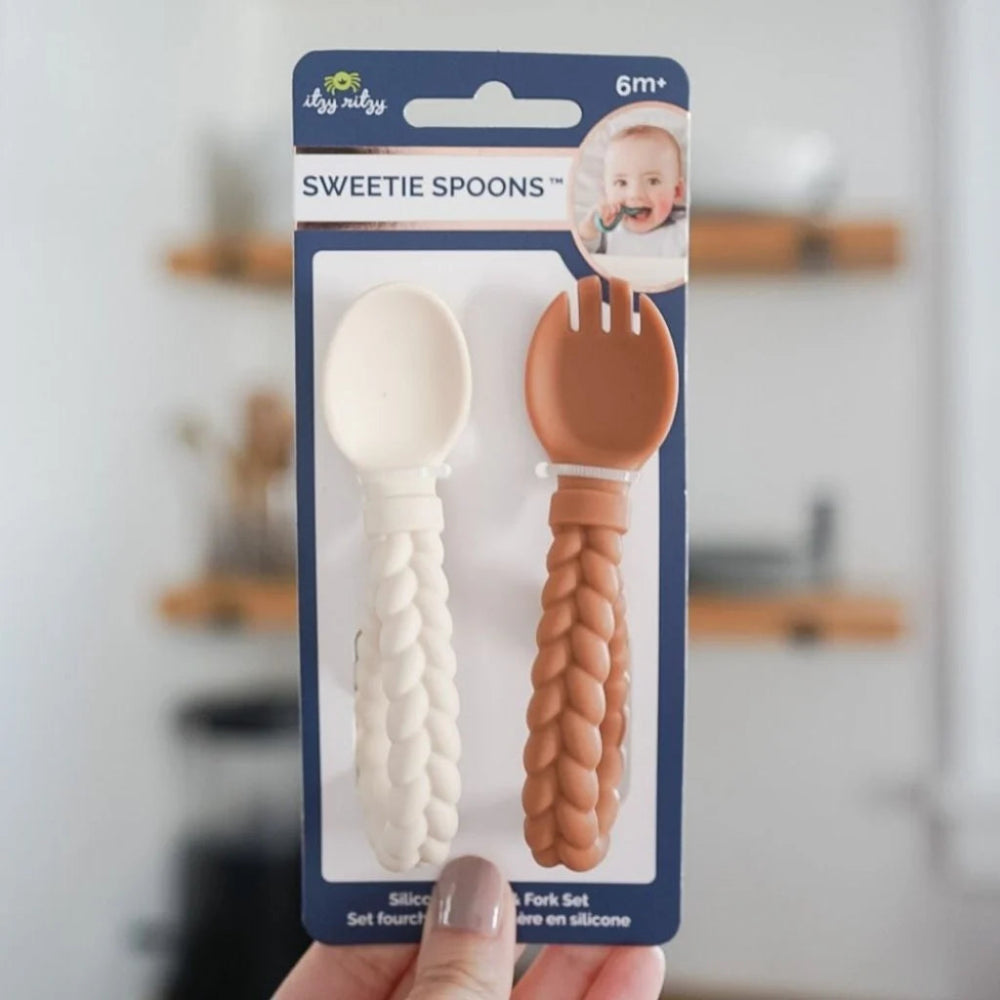 Sweetie spoon and fork set, white and terracotta, braided handles, set of two