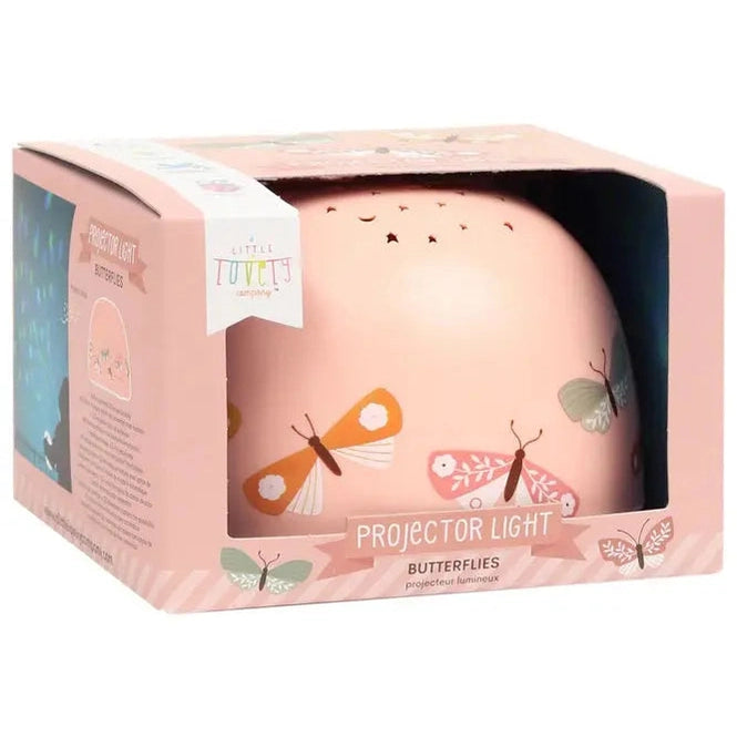 A Little Lovely Company Projector Night Light in pink, butterfly motif, displayed in box ready to cast a gentle glow.