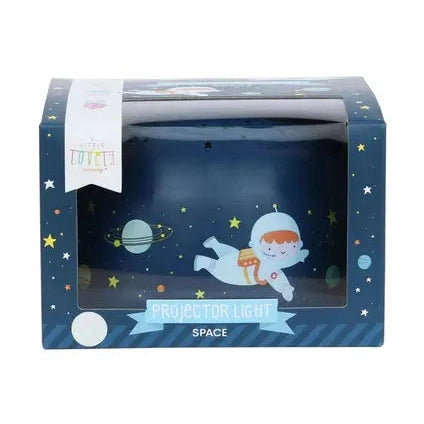 A Little Lovely Company Projector Night Light Space in blue packaging with astronaut illustration, illustrating its space projector function.