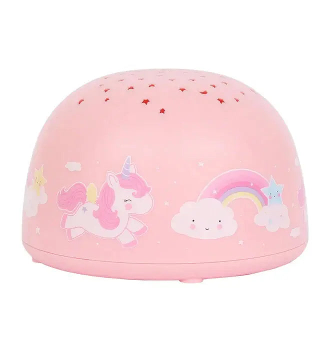 A Little Lovely Company projector night light in pink with unicorn, clouds and rainbow, glowing softly.