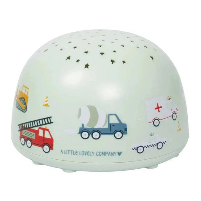 A Little Lovely Company Projector Night Light, pale cream dome with vehicle graphics and star cutouts