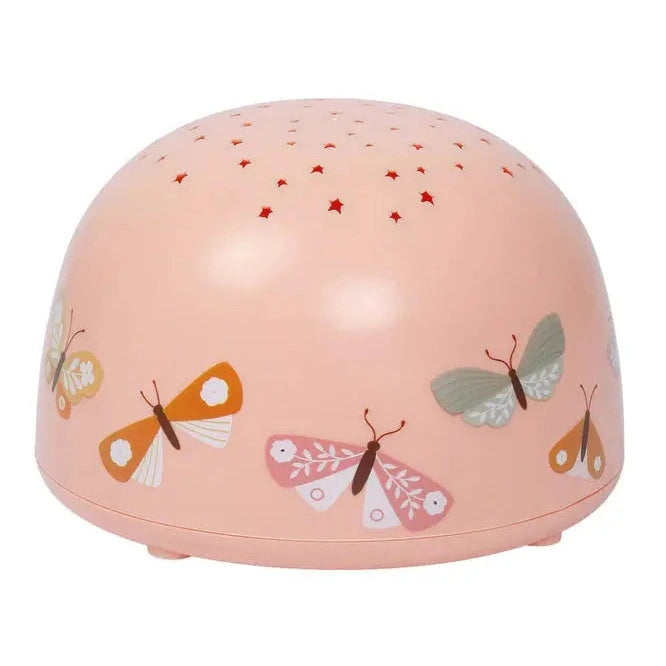 A Little Lovely Company Projector Night Light, pink dome with butterfly motifs, softly projecting stars into the room.