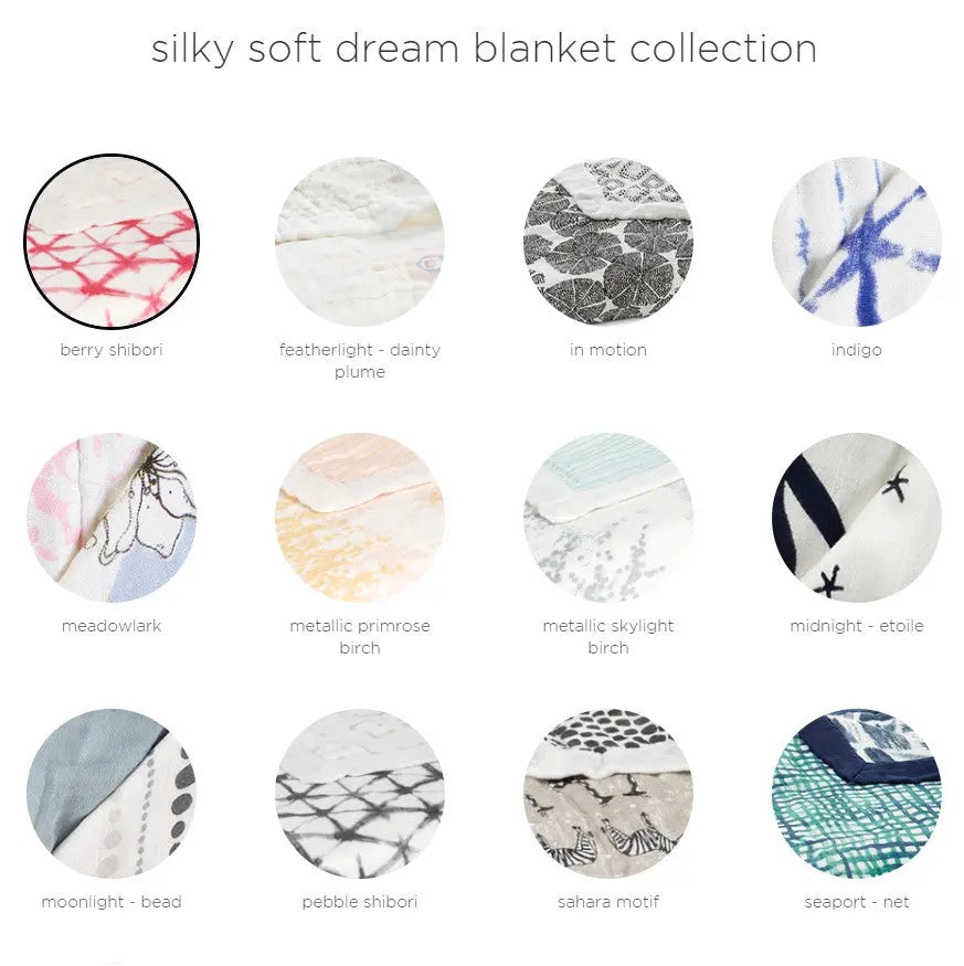 Aden+Anais Silky Soft Dream Blanket collection; pastel muslin swatches show cozy, silky-soft texture and dreamy prints.