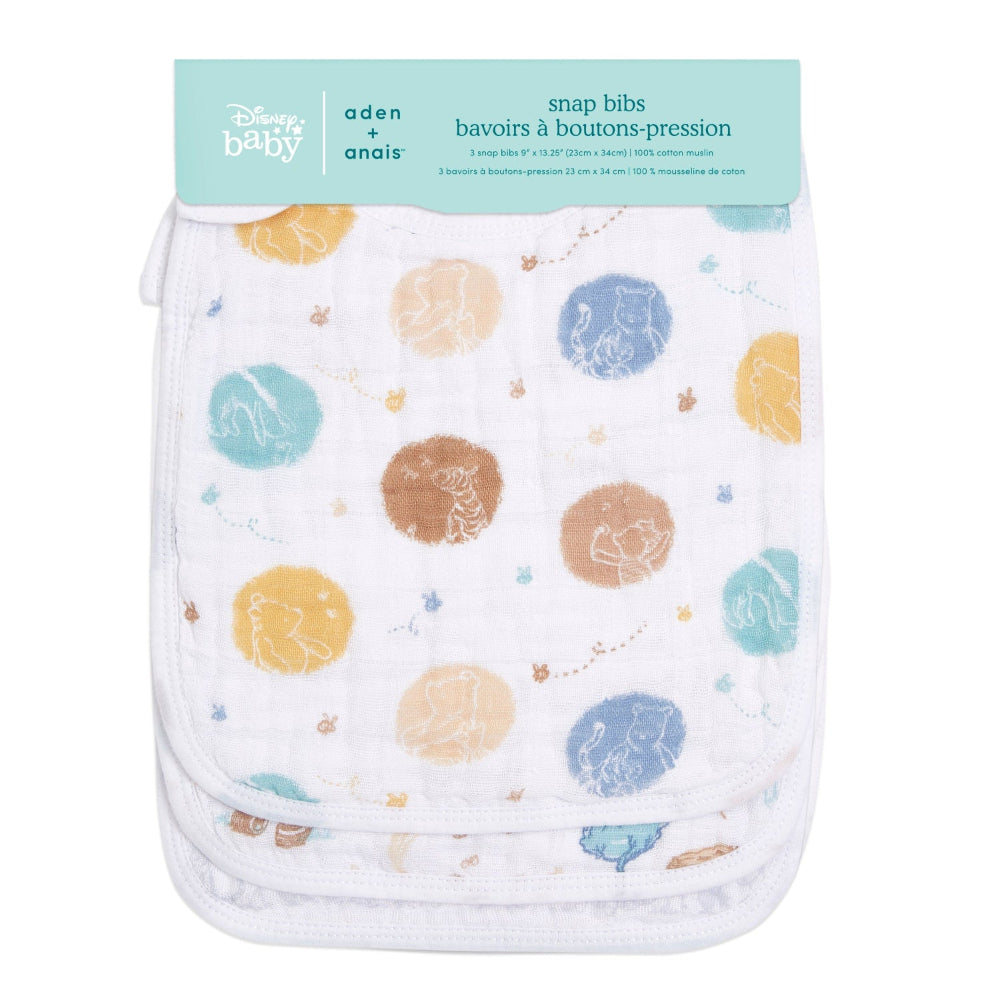 Aden+Anais Winnie in the Woods 3-pack snap bibs; white cotton with pastel circle prints