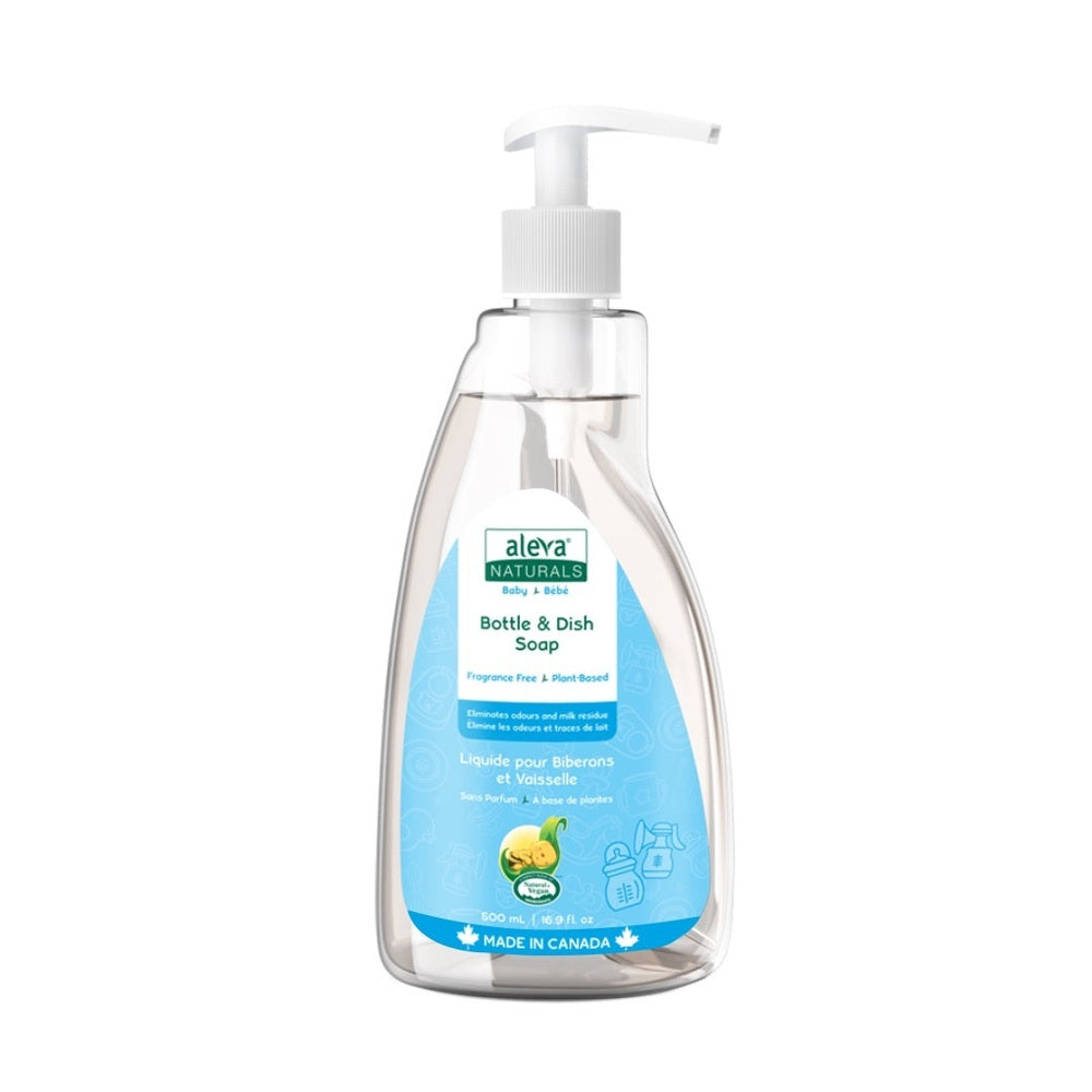 Aleva Naturals Bottle & Dish Liquid fragrance-free, 500 ml pump bottle with brand label