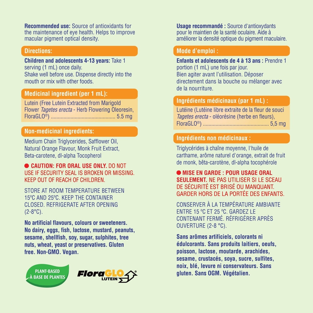 Allkidz Lutein Drops 30 ml health supplement label with plant-based logo, dosage directions, and listed ingredients.