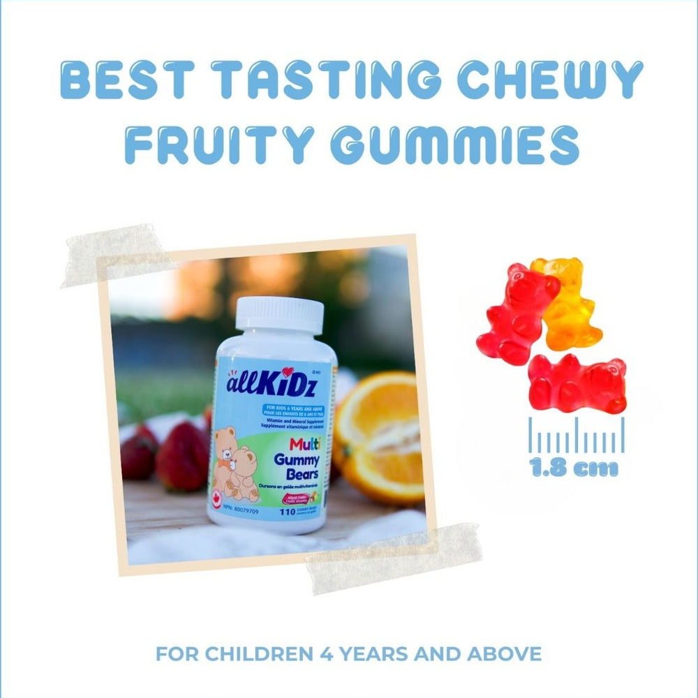 Allkidz Multi Gummy Bears bottle with blue label, 110 bears for kids 4+