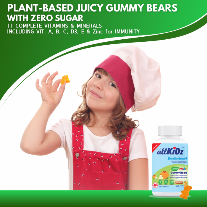 Allkidz Multi Gummy Bears Vegetarian 90s bottle shown as a smiling girl in a chef hat holds a gummy bear.