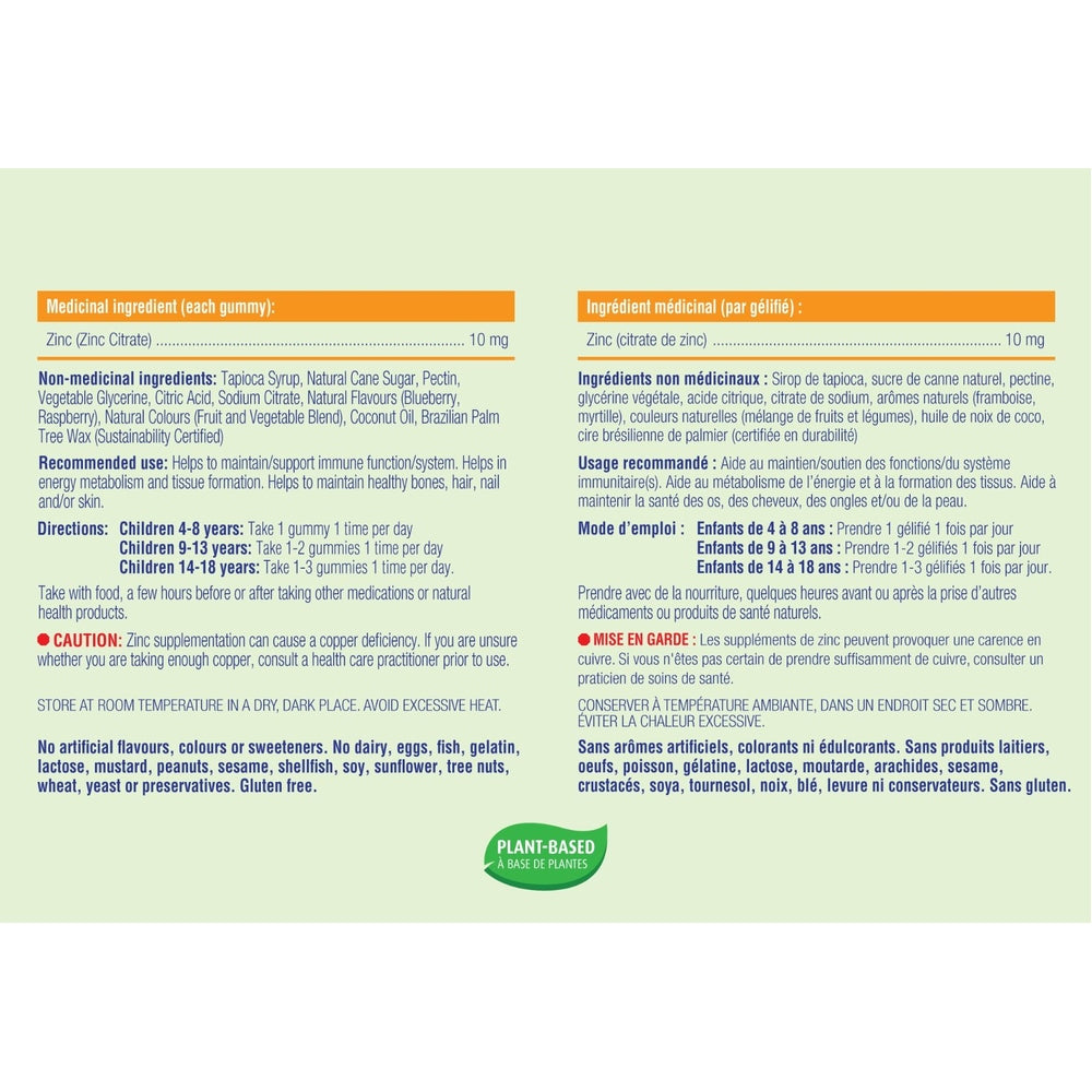Allkidz Zinc Gummies 90s, zinc citrate 10 mg per gummy; non-medical ingredients and multilingual directions.