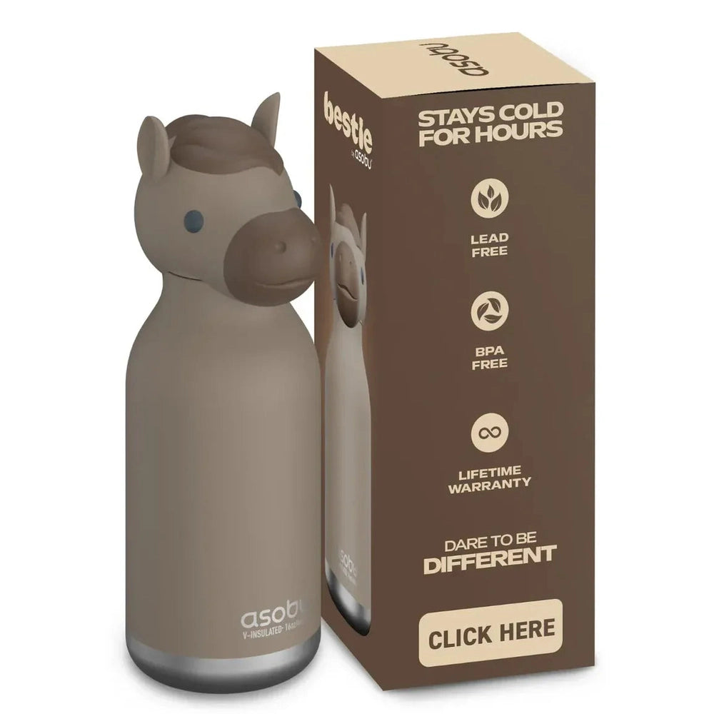 Asobu Bestie Horse 16oz bottle beside its box, showing double-wall insulated stainless steel design.