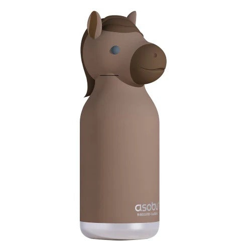 Asobu Bestie Animal 16oz Horse bottle with brown horse-head cap, double-wall stainless steel, insulated.