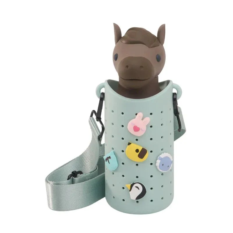 Asobu Bestie Animal 16oz double-wall stainless bottle with mint perforated sleeve, horse head topper, and adjustable strap