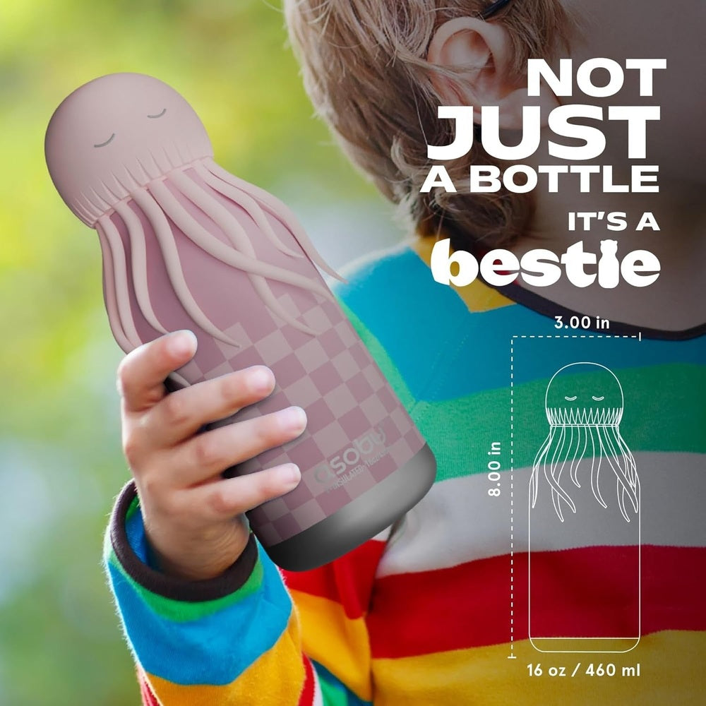 ASOBU Bestie Animal Double Wall Stainless Steel Bottle 16oz Jellyfish Pink, held by a child to show size