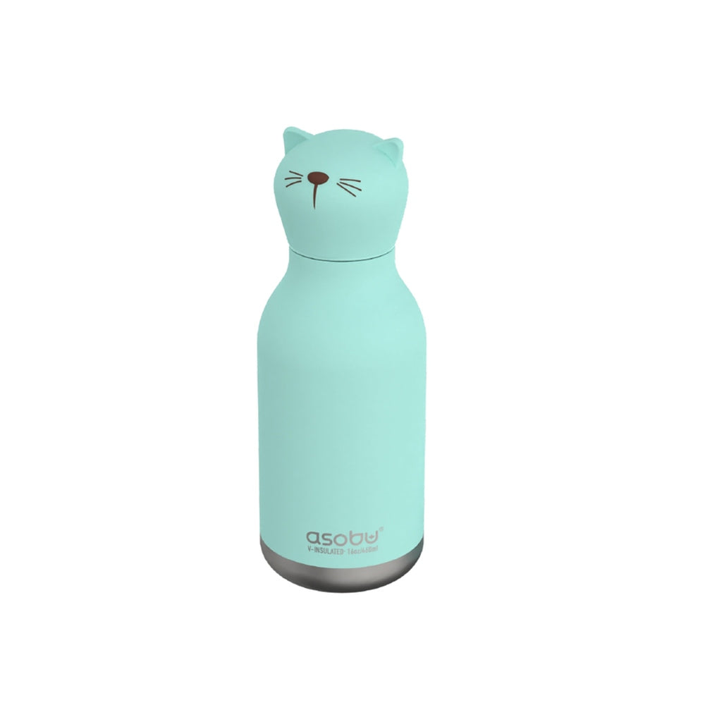 Asobu Bestie Animal 16oz cat bottle in mint green with cat head cap snapped on, showcasing double-wall stainless steel.