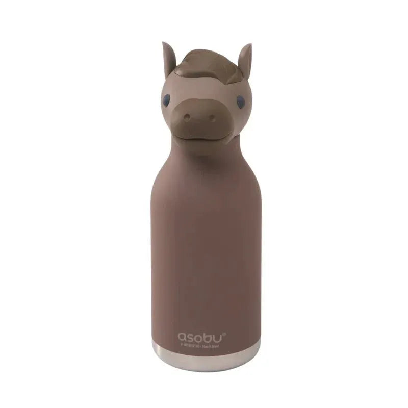 Asobu Bestie Horse 16oz double-wall stainless steel bottle in brown, with horse-head cap and silver base.
