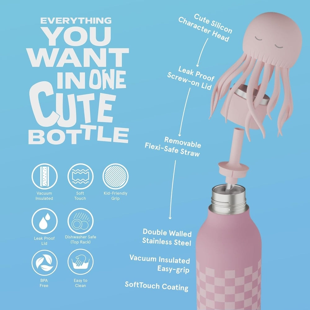 Asobu Bestie Animal 16oz Jellyfish Pink bottle with leak-proof lid, removable straw, and double-walled stainless steel.