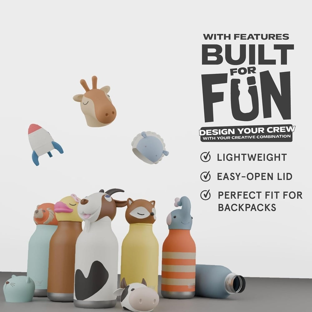 Asobu Bestie Animal Double Wall 16oz Cow bottle; colorful animal caps on lightweight bottles with easy-open lids.
