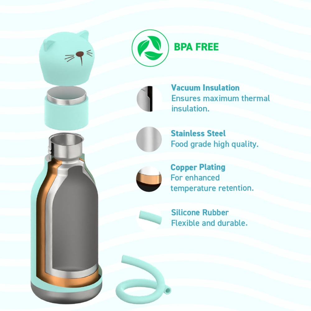 ASOBU Bestie Animal 16oz Cat bottle with turquoise lid; lid opens to reveal stainless steel interior and vacuum insulation.