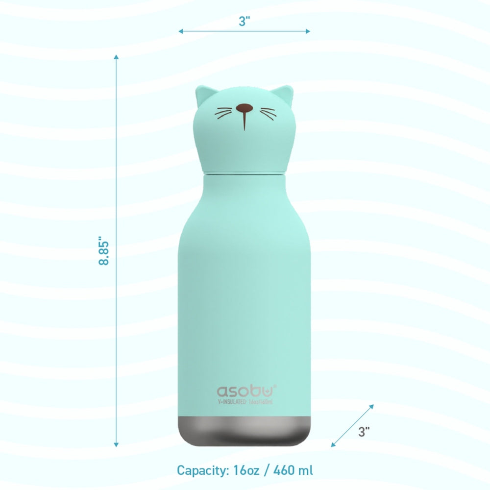 Asobu Bestie Animal 16oz Cat stainless steel bottle in turquoise with a cat-head cap, showing double-wall insulation and secure lid.