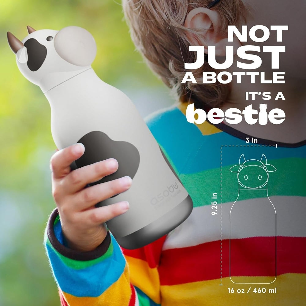 ASOBU Bestie Animal 16oz Cow double-wall stainless steel bottle, being gripped by a child to show its cute cow design.