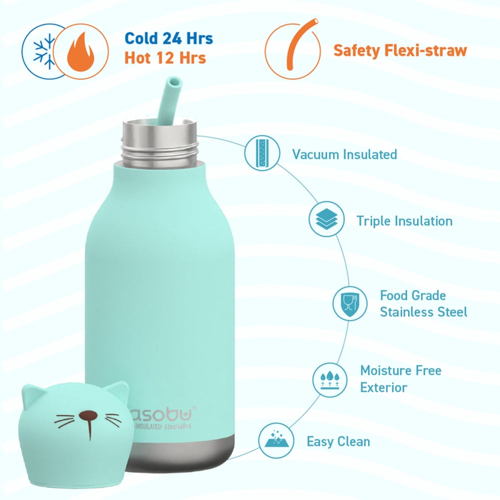 Asobu Bestie Animal Cat bottle 16oz with mint lid and straw, showing vacuum-insulated stainless steel and easy-clean exterior.