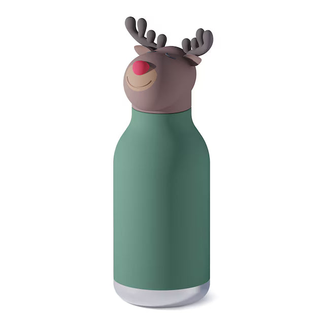 ASOBU Bestie Holiday Bottle 16oz Reindeer sits atop a green insulated bottle with a brown head and red nose