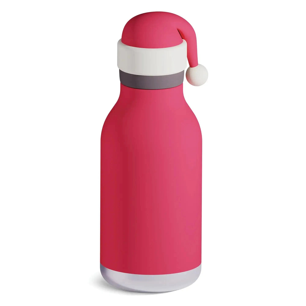Asobu Bestie Holiday Bottle 16oz Santa: bright pink bottle with white cap; Santa hat perched on the lid.