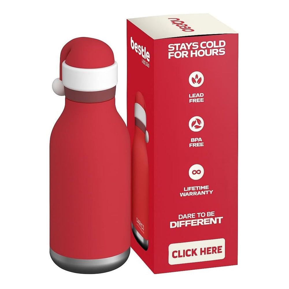 ASOBU Bestie Holiday Bottle 16oz Santa red kids' water bottle with cap handle beside red box.